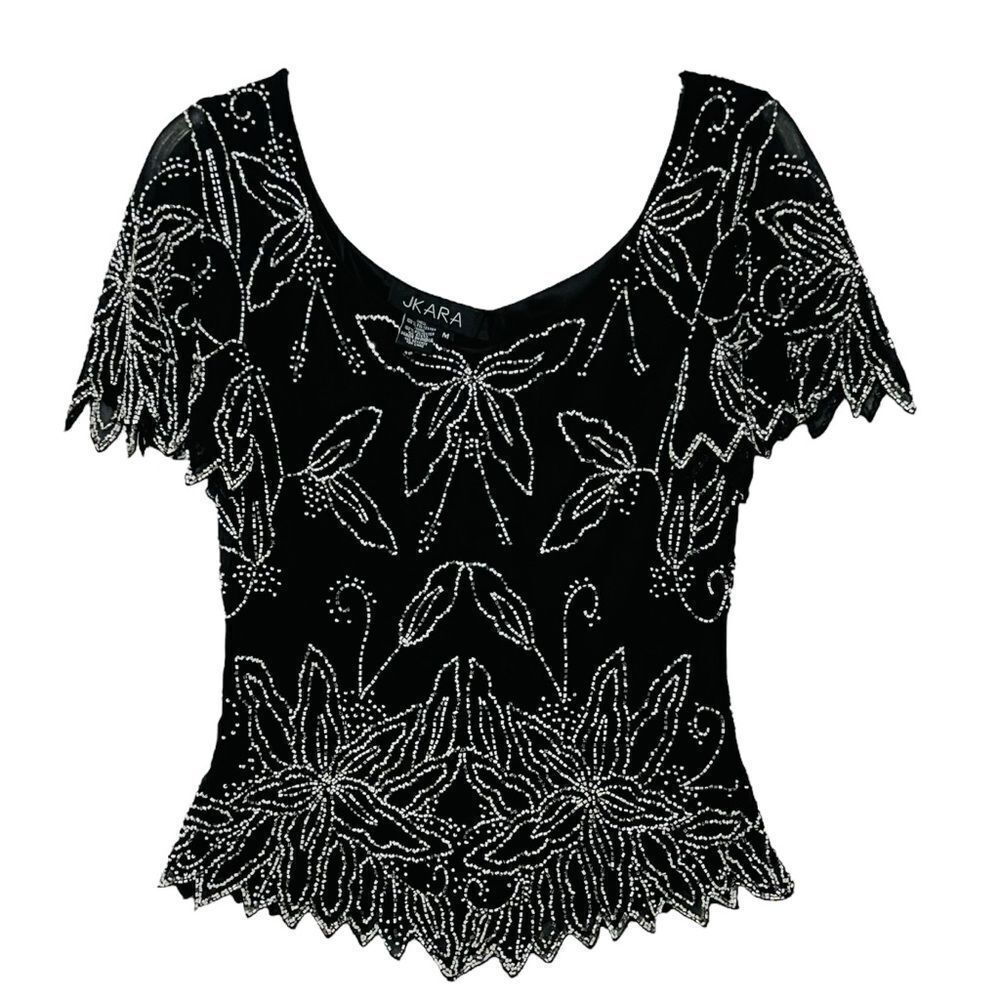 J Kara Top Floral Beads Black Scalloped Hems Blouse Round Neck Sz M